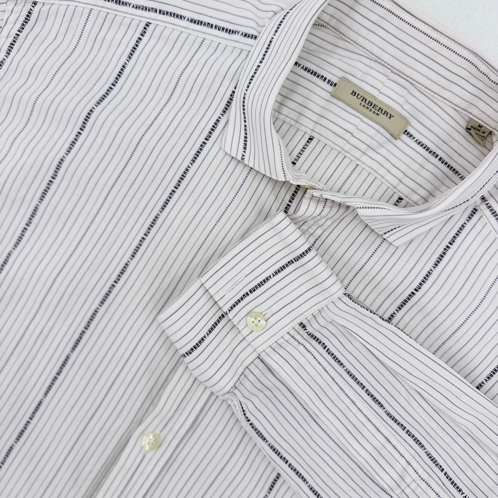 Burberry London Button Down Mens M White Blue Striped Logo UK Excellent